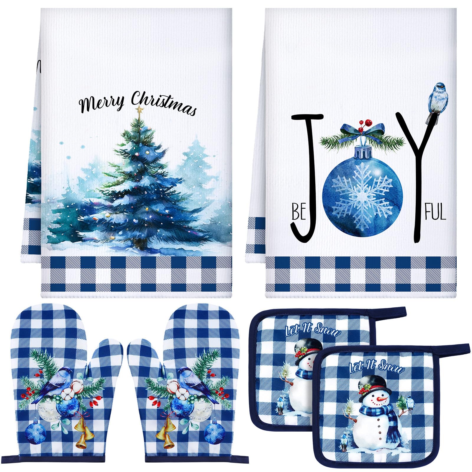 Bencailor 6 Pcs Christmas Kitchen Towel Oven Mitts and Pot Holders Set Xmas Theme Dish Towels Heat Resistant Oven Gloves for Summer Kitchen Cooking Baking Grilling(Colorful Christmas Tree Theme)